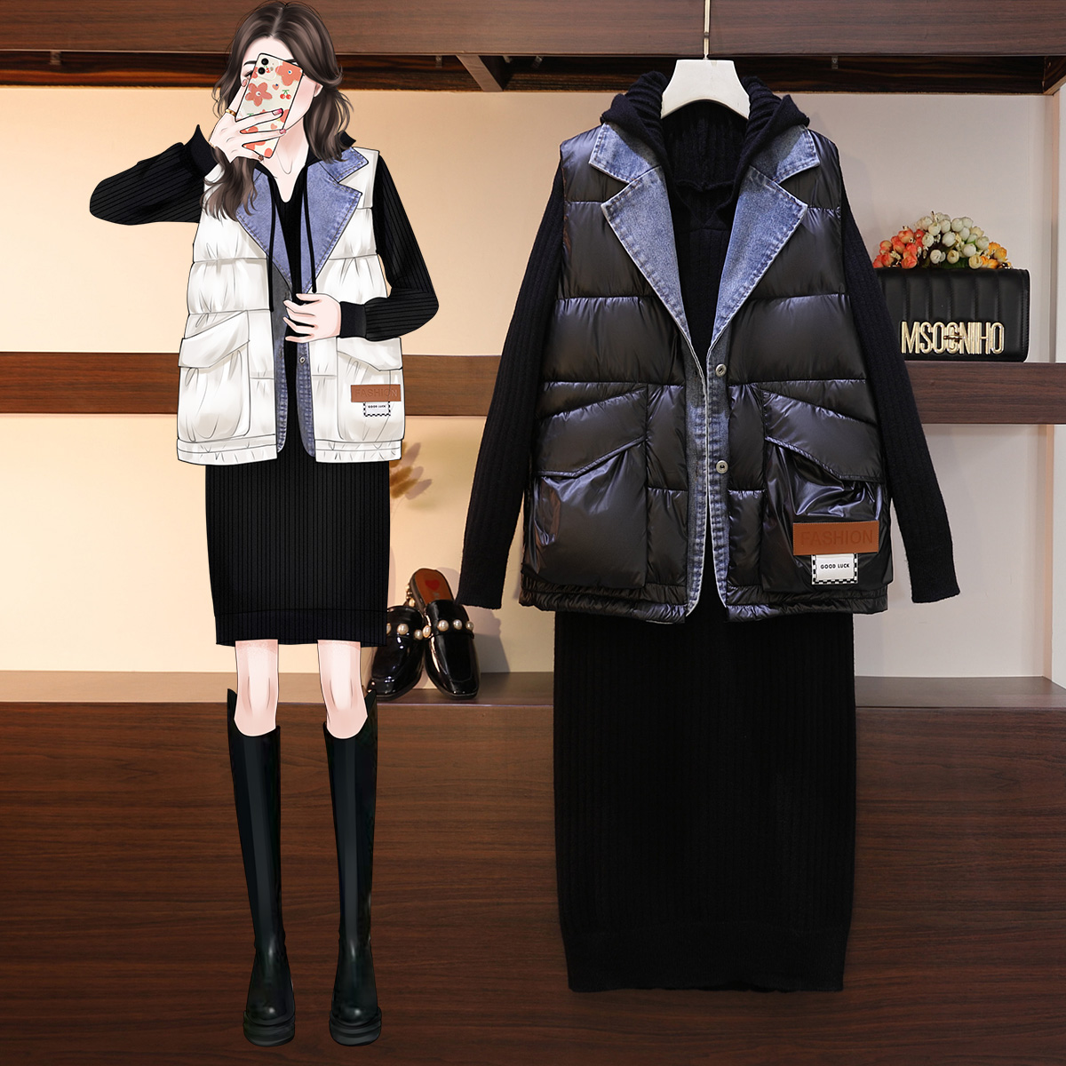 设计感牛仔拼接羽绒马甲背心大码