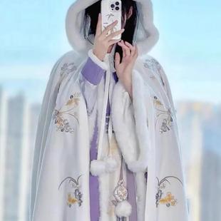 300斤大码新中式印花加绒斗篷上衣中长汉服古风宽松披肩外套胖mm