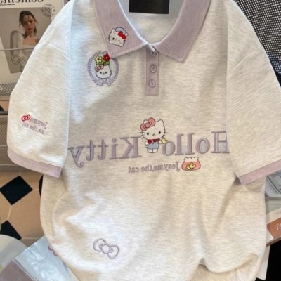 hellokitty刺绣翻领短袖T恤女夏