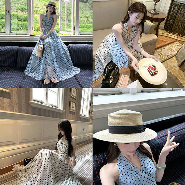 法式复古波点挂脖连衣裙特大码女2025春秋薄款长裙气质收腰300斤,女装/女士精品,连衣裙,淘宝优惠券,粉丝福利购,淘宝优惠卷