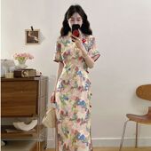 大码 300斤法式 印花改良旗袍连衣裙女甜美减龄收腰显瘦长款 茶歇裙