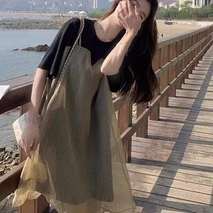 300斤大码网纱拼接假两件吊带连衣裙女2025新款韩版宽松休闲T恤裙