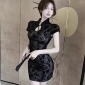 开叉修身 复古大码 裙子国风镂空印花拼接改良旗袍300斤新中式 包臀