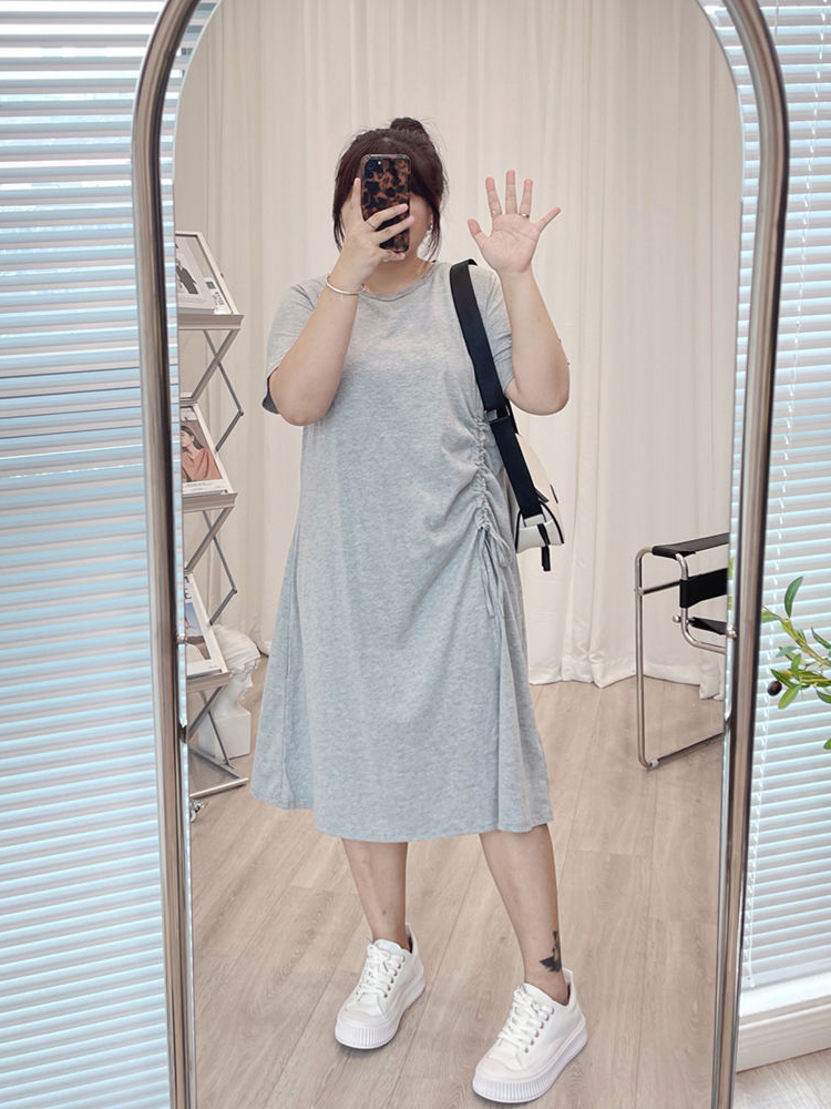 200斤韩版法式抽绳设计感超肥连衣裙300斤大码遮肉胖mm夏季短袖裙-封面