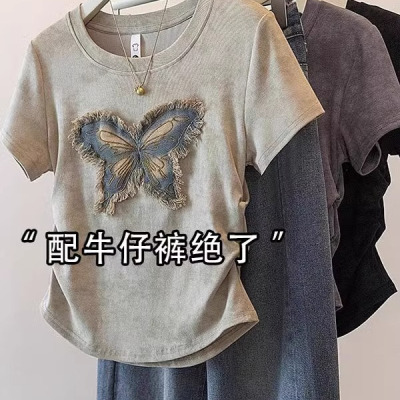300斤扎染蝴蝶正肩短袖t恤女夏季