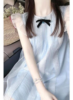 法式大码复古蓝色甜美小飞袖娃娃连衣裙夏小众显瘦a字裙度假300斤