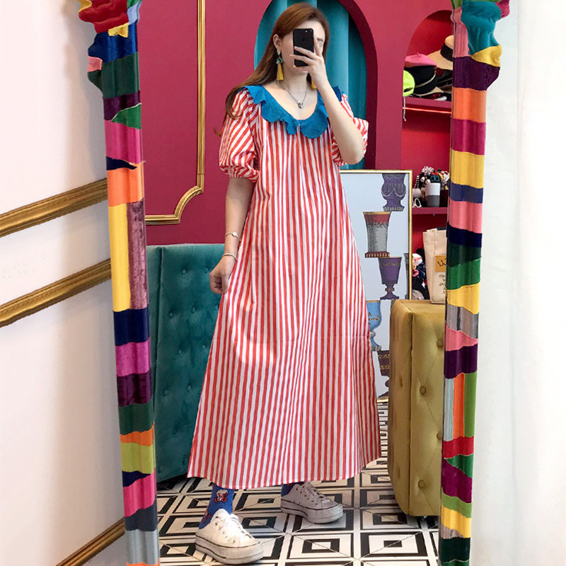 韩版2-300斤减龄娃娃领花边大码宽松泡泡袖长款大摆型条纹连衣裙