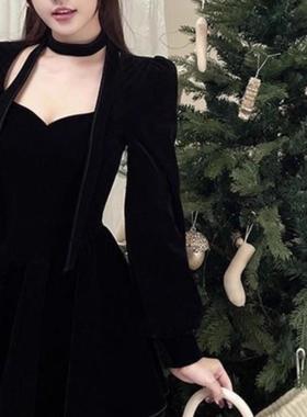 胖MM法式黑色丝绒连衣裙300斤加肥特大码秋冬高级气质短裙蓬蓬裙