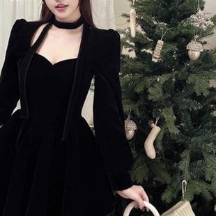 胖MM法式黑色丝绒连衣裙300斤加肥特大码秋冬高级气质短裙蓬蓬裙