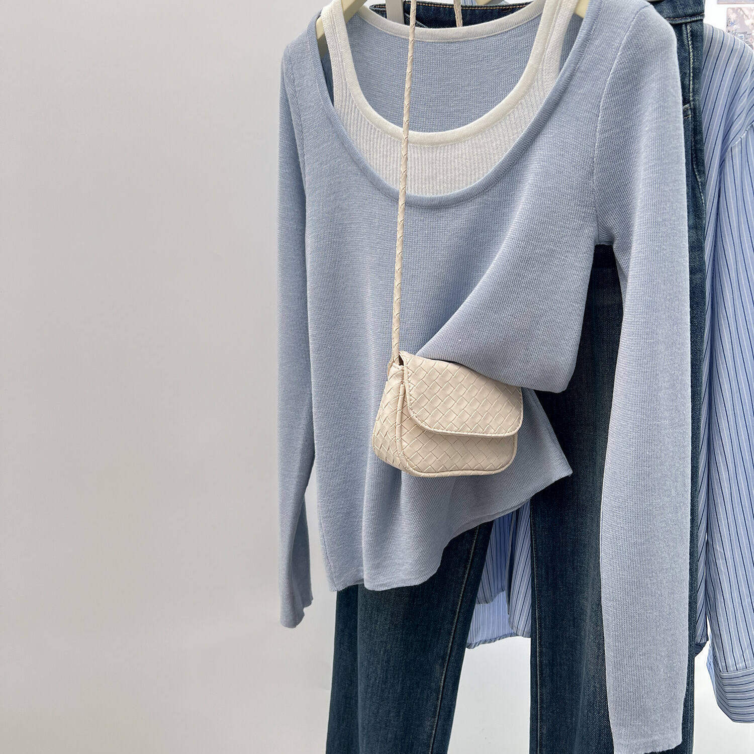 韩系假两件长袖300斤内搭针织衫