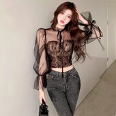 辣妹性感大码 蕾丝上衣300斤胖mm 短款 假两件网纱长袖 T恤夏纯欲修身