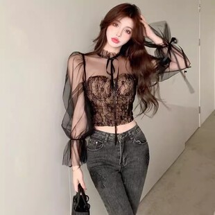 辣妹性感大码假两件网纱长袖T恤夏纯欲修身短款蕾丝上衣300斤胖mm