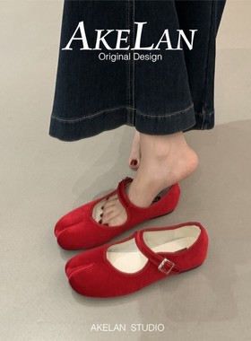 羊皮版~红色气质分趾猪蹄玛丽珍鞋女春法式小众平底复古芭蕾单鞋