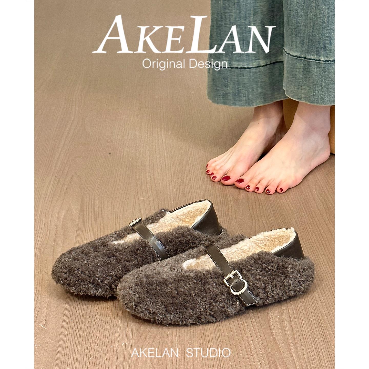 羊羔毛一字带扣平底毛毛鞋女