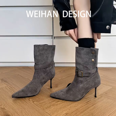 羊皮版！法式气质尖头高跟短靴女绒面皮带扣弹力瘦瘦靴细跟骑士靴