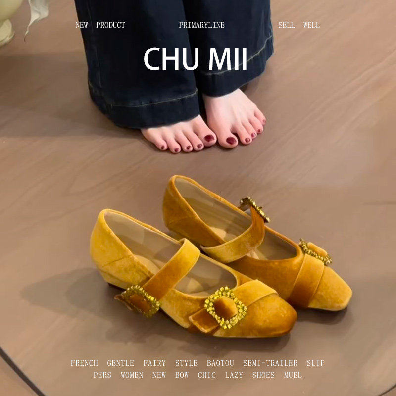 羊皮版~气质丝绒玛丽珍鞋女水钻扣带方头鞋法式配裙子软底瓢鞋