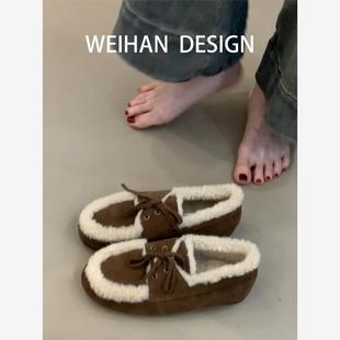 羊皮版!复古内增高加绒乐福鞋女冬一脚蹬勃肯棉鞋保暖秋冬毛毛鞋