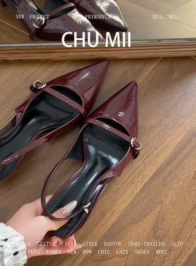 羊皮版~复古红色小猫跟凉鞋女漆皮名媛风尖头包鞋法式气质高跟鞋