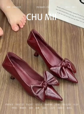 羊皮版！名媛风细跟包头凉鞋女真皮复古红色高跟鞋尖头蝴蝶结包鞋