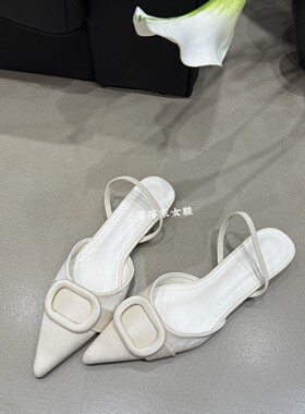 Guo Li 新款温柔风尖头方扣低跟凉鞋女百搭小众设计感外穿平底鞋