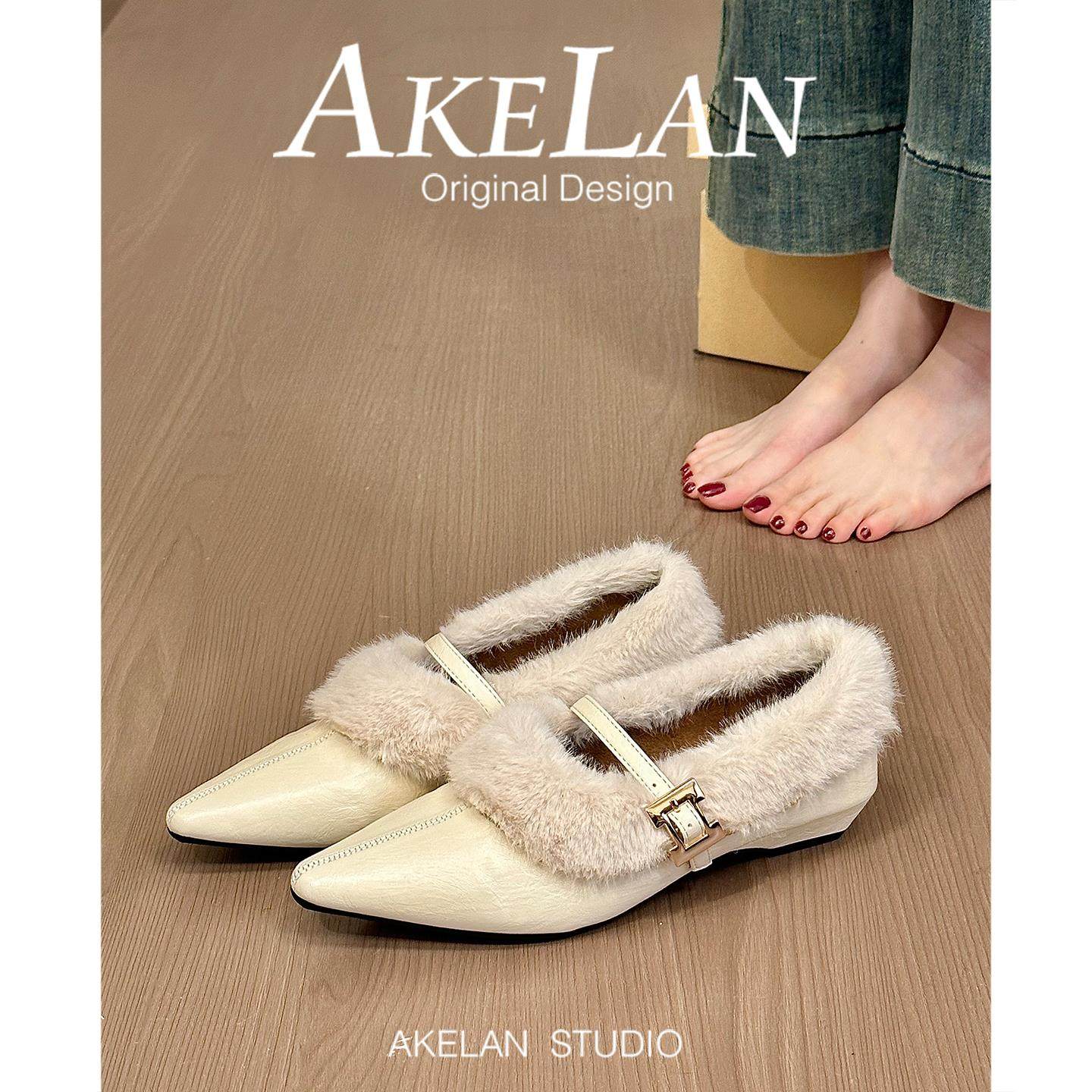 羊皮版~法式气质尖头粗跟玛丽珍鞋女一字带扣加绒毛毛鞋保暖单鞋,女鞋,浅口单鞋,淘宝优惠券,粉丝福利购,淘宝优惠卷