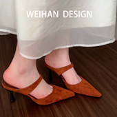 羊皮版 一脚蹬高跟鞋 复古尖头细跟包头拖鞋 高级感通勤高跟半拖鞋