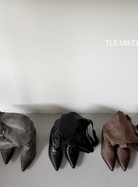 TLE MIKELIN 时尚尖头骑行靴女夏季堆堆靴高筒粗跟绒面套筒时装靴