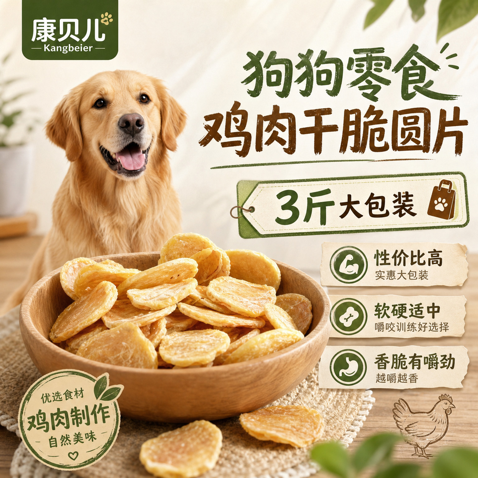狗狗零食鸡肉圆切片3斤装