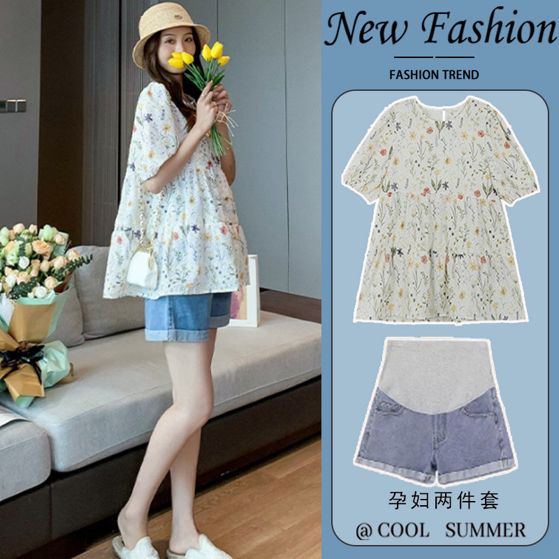 孕妇夏装套装2023新款时尚洋气时髦夏款短裤两件套娃娃衫上衣夏季
