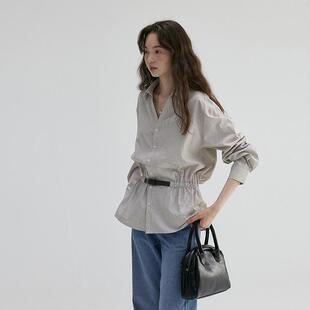 广州十三行高端爆款~设计V领收腰条纹宽松衬衫女早秋气质通勤上衣