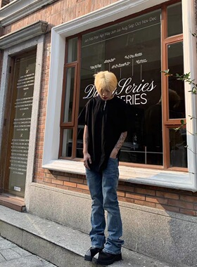 AQUADEVIDA 重磅水洗深蓝色做旧修身直筒微喇叭弹力复古牛仔长裤