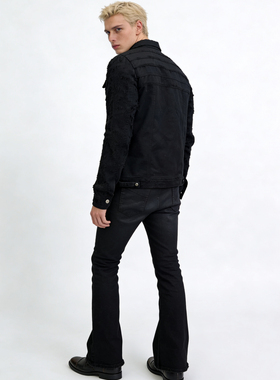 AQUADEVIDA 糜烂破坏修身短宽版型翻领剪裁设计黑牛仔夹克外套