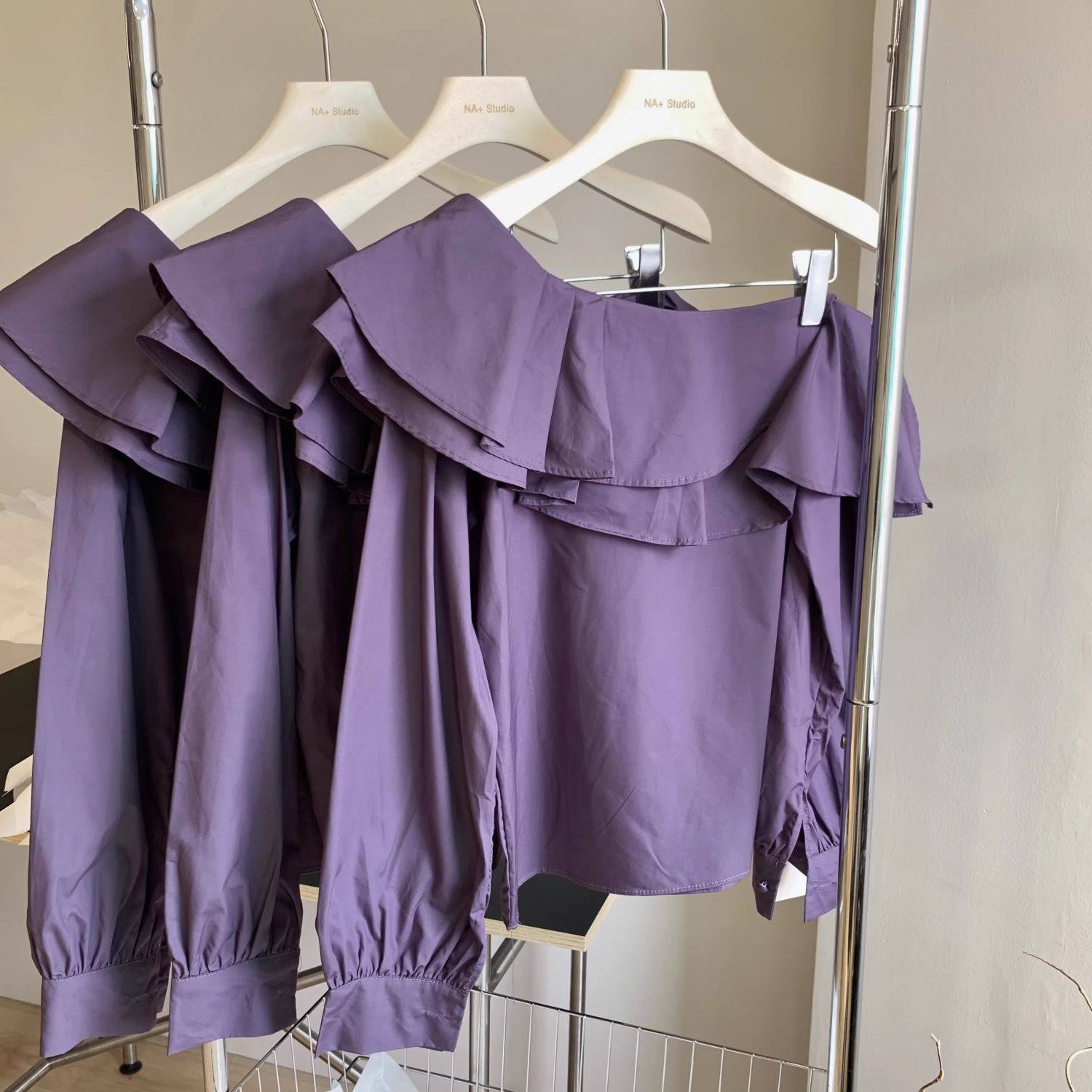 法式斜肩双层荷叶边上衣女纯棉新款春季长袖百搭衬衫女设计感小众