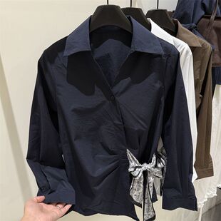 纯色秋季女装上衣衬衫长袖衬衣正装休闲丝带春秋款韩系绑带小衫