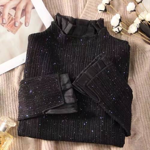 加厚亮片风琴褶半高领针织打底衫