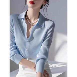 2025秋季法式通勤轻职风缎光面长袖蓝色衬衫女高级感干练气质衬衣