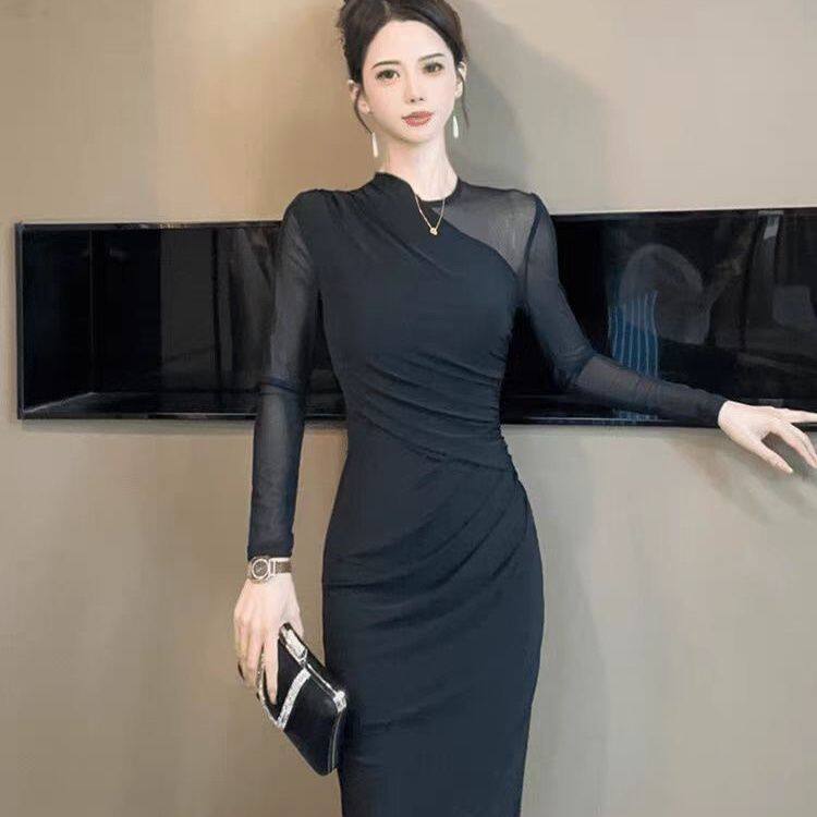 早春御姐风性感网纱拼接修身包臀鱼尾裙女显瘦开叉包臀气质连衣裙