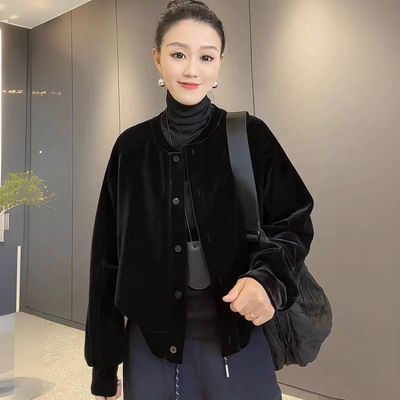 休闲宽松灯笼袖黑色金丝绒外套女