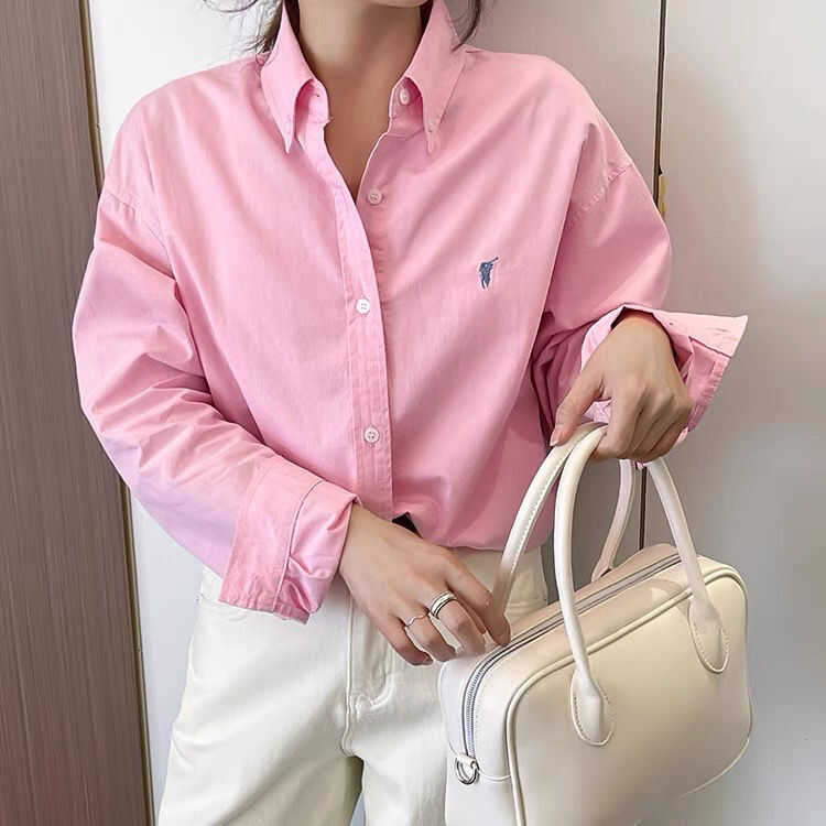 时尚复古Polo领小马刺绣粉色女2024秋季新款百搭宽松打底叠穿衬衣