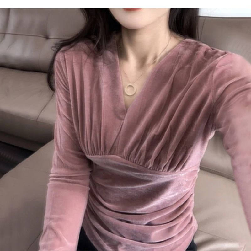 轻熟风高档金丝绒长袖V领打底衫