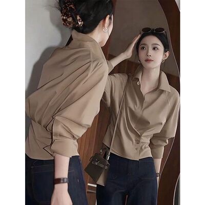 高级感轻职风短款百搭咖色衬衫女