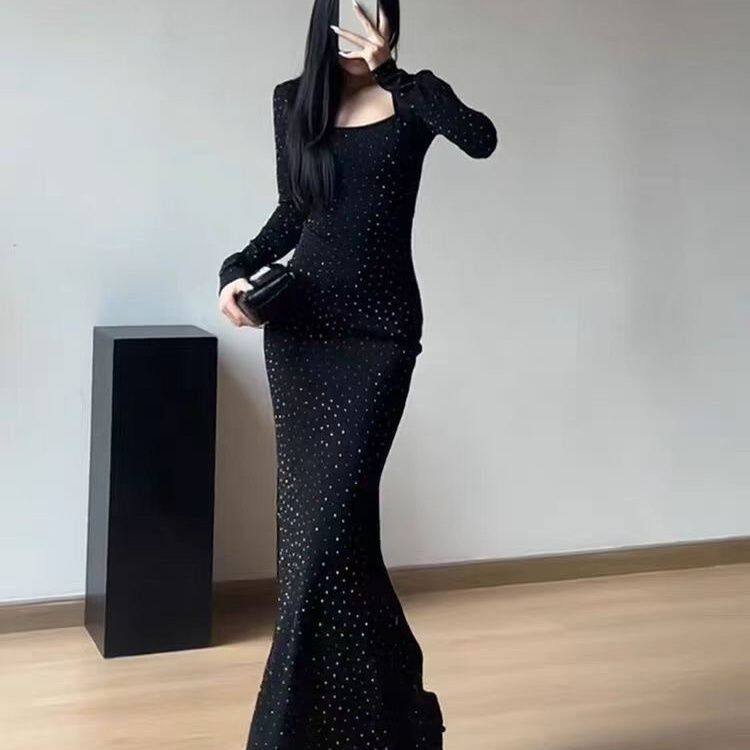 优雅名媛风黑色亮片长袖鱼尾裙裙子收腰长款显瘦气质礼服连衣裙女