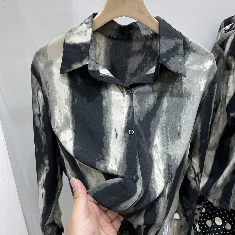 品牌折扣店正品女装专柜外贸复古水墨印花单排扣时尚衬衫气质上衣