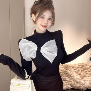 半高领撞色蝴蝶结磨毛T恤女欧洲站秋冬新款设计感洋气打底衫潮女