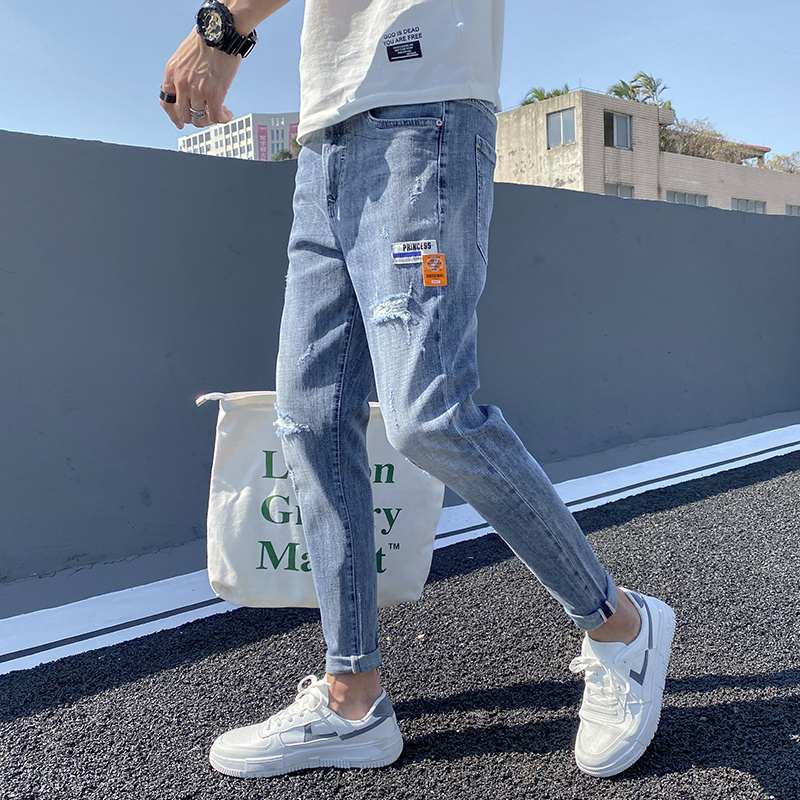 破洞牛仔裤2022夏季薄款弹力男士九分休闲裤子修身小脚K322-P50，商品下架区商品下架区，星座1006