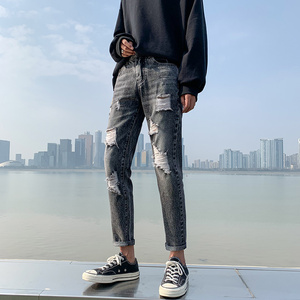 2021新款春装破洞牛仔裤潮男九分裤韩版休闲乞丐裤子男K891-P45图片