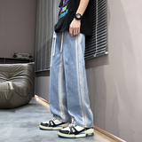 春季复古牛仔拼色休闲裤男女ins宽松港风直筒阔腿长裤BK115-P40，商品下架区，星座1006