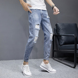2021春季男士牛仔裤韩版修身小脚破洞九分裤百搭男裤子K883-P42，男装牛仔裤，星座1006