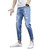 21季韩版男士9分牛仔裤修身小脚破洞九分裤百搭男裤，男装牛仔裤，星座1006