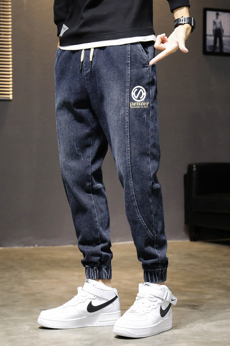 主推百叶窗弹力牛仔裤宽松拼接印花哈伦裤束脚9分裤潮男K8021-P55,男装牛仔裤,星座1006